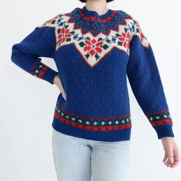 Vintage 90's Eddie Bauer Blue Wool Festive Gramacore Knit Crewneck Sweater  M - Picture 1 of 11